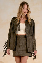 Western Faux-Suede Fringe Shacket Button-Down