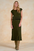 Midi Pleated Dress with Cap Sleeve Overlay Tee Set