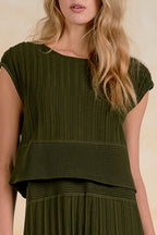 Midi Pleated Dress with Cap Sleeve Overlay Tee Set
