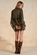Western Faux-Suede Fringe Shacket Button-Down