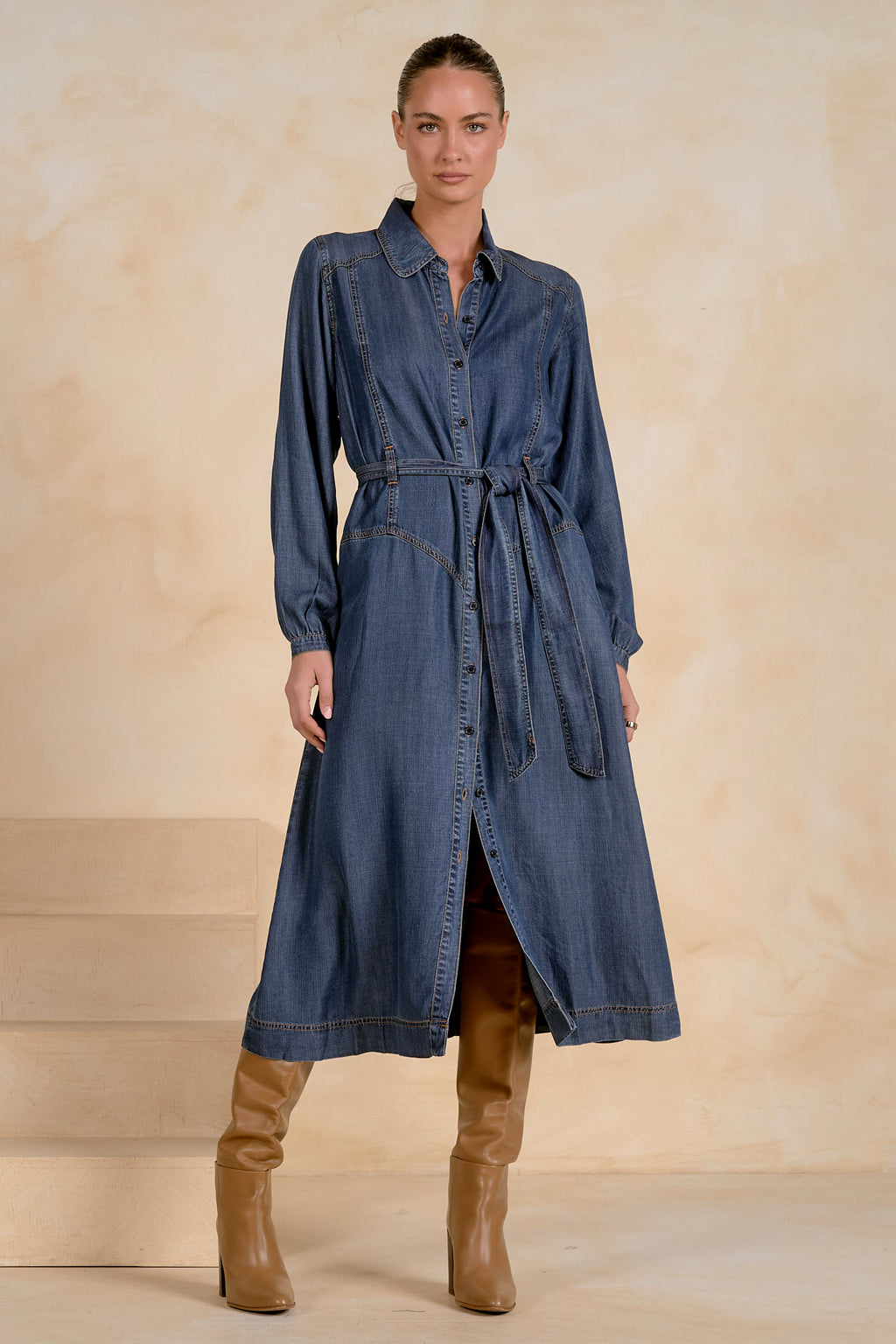 Long Sleeve Collared Maxi Dress with Belt