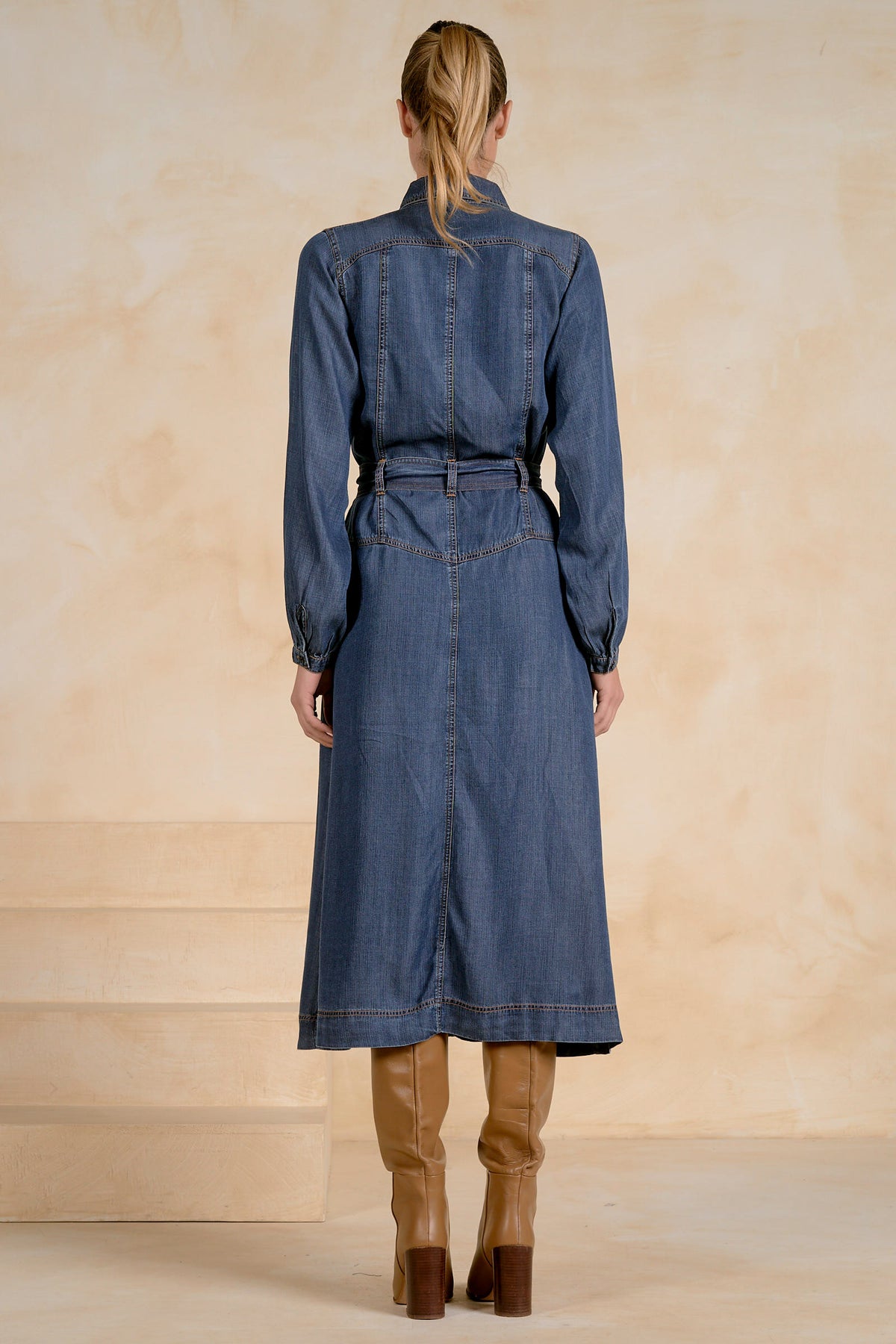 Long Sleeve Collared Maxi Dress with Belt