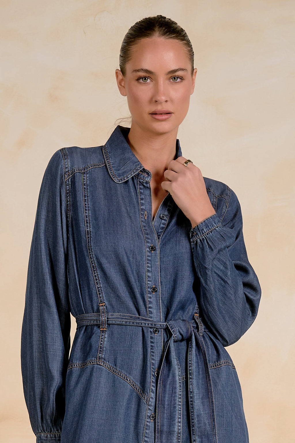 Long Sleeve Collared Maxi Dress with Belt