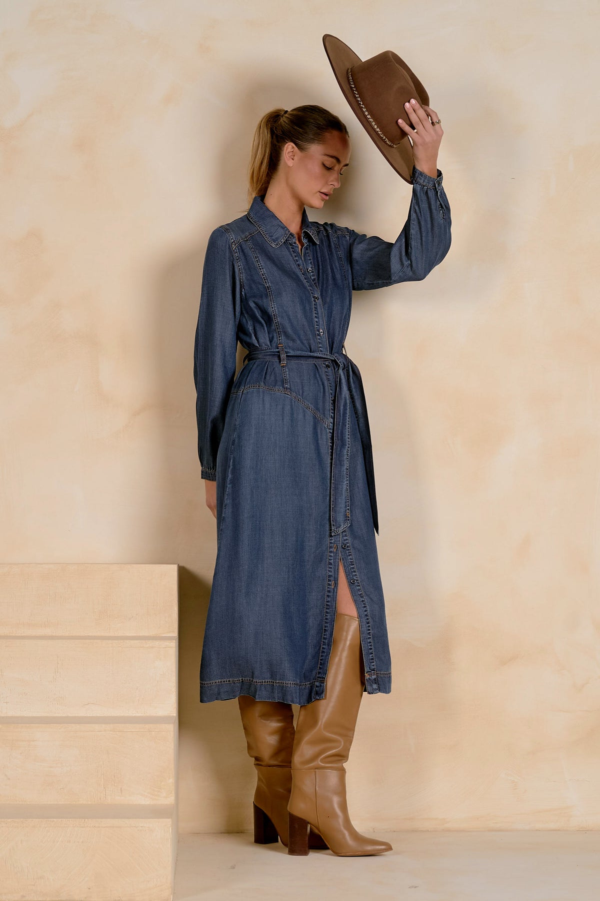 Long Sleeve Collared Maxi Dress with Belt
